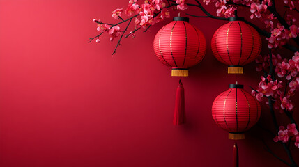 Fototapeta premium Red lantern with branches and flowers on a red background.