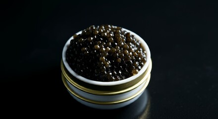 Black caviar in a glass bowl with the dark black background illustration image.