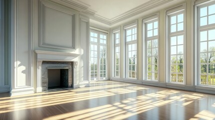 Fototapeta premium A large, empty room with a fireplace and large windows