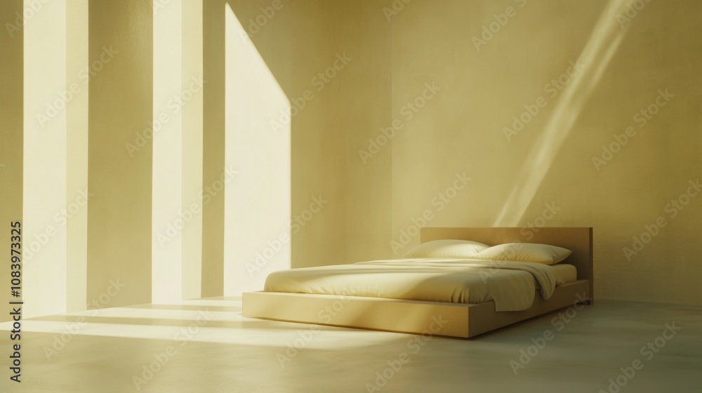 Poster Serene Minimalist Bedroom with Soft Natural Light and Neutral Tones Creating a Calm and Tranquil Space for Relaxation and Reflection