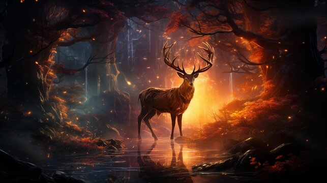 A magic festive reindeer covered in glowing lights in a winter scene. - Powered by Adobe