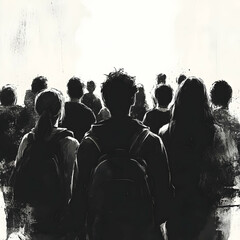 Illustration - Crowd, Students, Backpacks, Black and White, Facing Bright Light