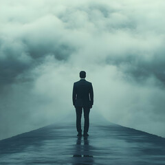 Obraz premium Photo, Man in Suit on Path into Fog, Mystery and Uncertainty