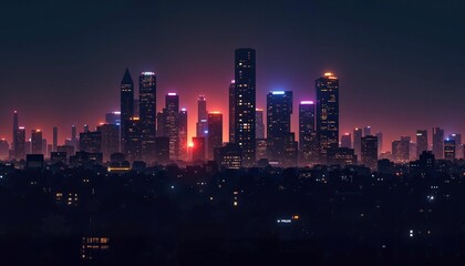 Fototapeta premium Vibrant Futuristic Cityscape in Pink and Purple Hues Under Night Sky