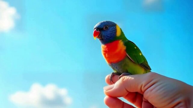 A colorful parrotlet perched on a finger