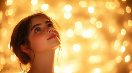 Fototapeta premium Dreamy Portrait of a Young Woman with Radiant Bokeh Lights