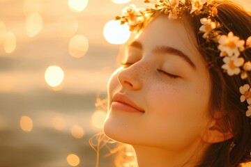 Fototapeta premium serene portrait of a young woman with a floral crown enjoying a peaceful moment in nature