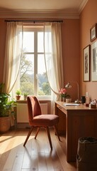 Fototapeta premium Serene Home Office Corner with Natural Light and Vintage-Inspired Decor