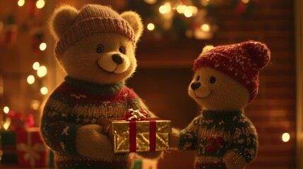 Two adorable teddy bears celebrate christmas with a gift