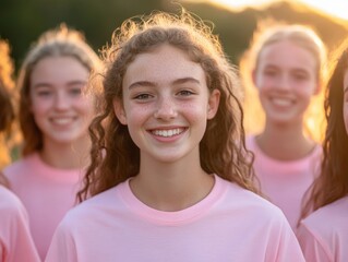 Obraz premium group of happy young women smiling outdoors in casual attire