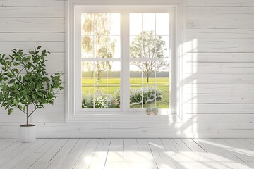 Fototapeta premium Scandinavian style white room with window, summer landscape outside, home design, copy space for text, 3D rendering.