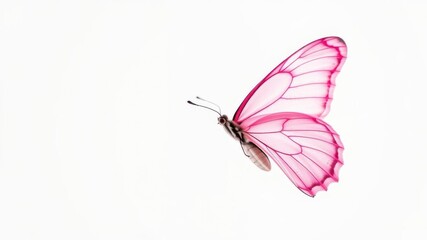 A beautiful pink butterfly with delicate wings spreads its wings elegantly against a clean white background, close-up, delicate