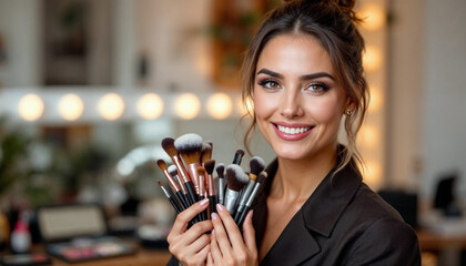 A confident makeup artist showcases her expertise with brushes in a well-lit studio.