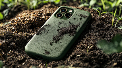 Fototapeta na wymiar Biodegradable phone case breaking down into soil, sleek eco-friendly materials