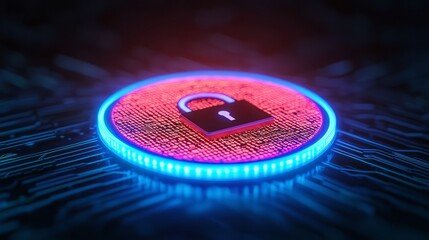 Security risks cybersecurity surveillance. A vibrant digital illustration of a lock symbol on a glowing, circular platform, representing cybersecurity and data protection.