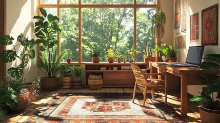 Bohemian study area with colorful rugs, plants, wooden furniture, cozy and laid-back vibe, inspiring for creative minds