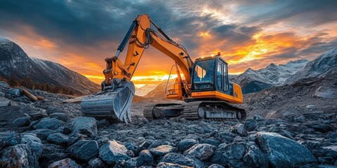 A yellow excavator is driving on the rocky ground, with sunset clouds in the sky and mountains background	
