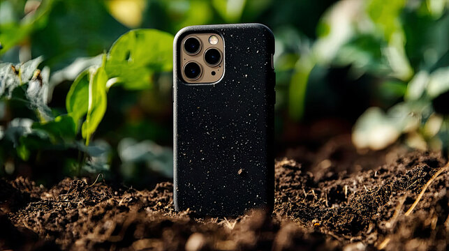 Biodegradable phone case breaking down into soil, sleek eco-friendly materials