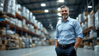 Fototapeta premium A manager stands confidently in an industrial warehouse, exuding authority and ease.
