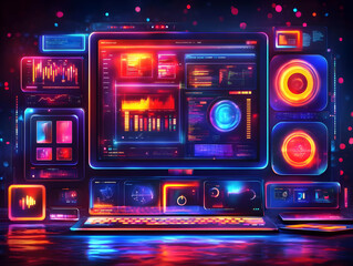 Obraz premium 3D Illustration - Futuristic Neon Data Center with Glowing Screens and Charts