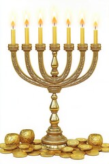 Fototapeta premium Golden Menorah with Lit Candles and Gold Coins - Hanukkah Symbol, Jewish Holiday, Festive Celebration, 3D Render