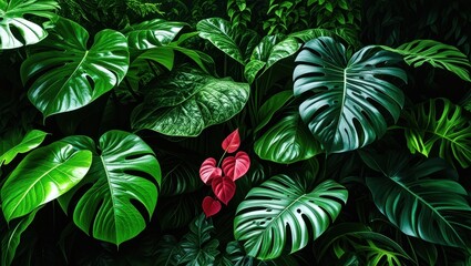 Obraz premium Tropical foliage, vibrant green monstera leaves, deep jungle atmosphere, red exotic flower, lush botanical garden, high contrast, dark background, philodendron, rainforest detail, macro photography, v