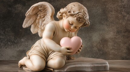 Cherubic cupid delicately cradles heart sculpture