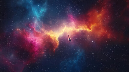 Obraz premium Spaceship embarking on a galactic journey through a field of vibrant nebulas and distant stars, top view, capturing the vastness of space, scifi tone, vivid colors. Galactic. Illustration