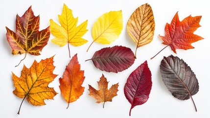 Naklejka premium Vibrant Autumn Leaves Collection 12 Dried Fall Foliage Samples in Red, Orange, Yellow & Brown Hues on White Background - Perfect for Seasonal Designs