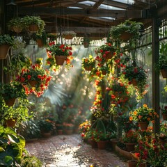 Obraz premium Sunlit greenhouse path with hanging and potted flowering plants.