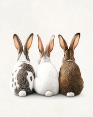 Obraz premium Three Adorable Rabbits Sitting in a Row - Back View Illustration - Easter, Pet, and Springtime Stock Photo