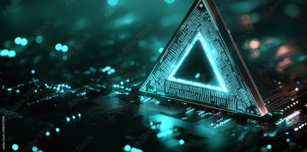 Poster A futuristic triangular circuit design illuminated with blue light on a digital background.