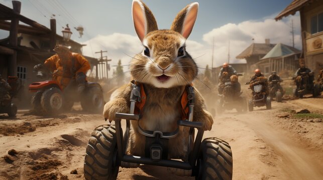 a rabbit is driving a rugby car on sand with smiley face also wearing glasses. - Powered by Adobe