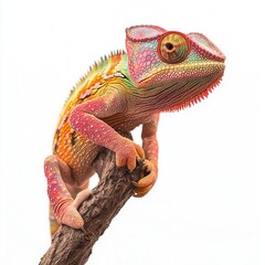 Obraz premium Vibrant Panther Chameleon on Branch, Close-Up Studio Shot, Colorful Reptile, Exotic Pet, Madagascar Wildlife