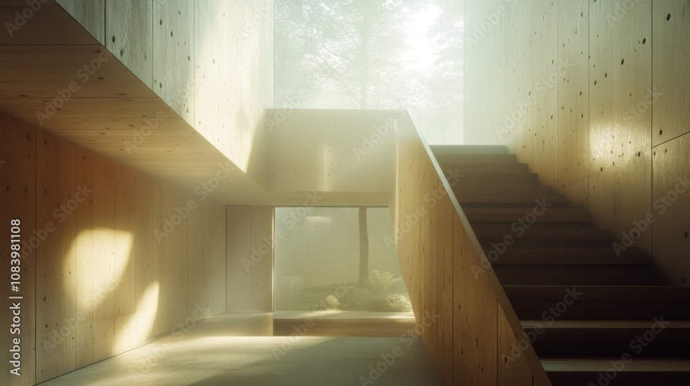 Poster modern minimalist interior with bright natural light shining through windows, soft shadows and woode