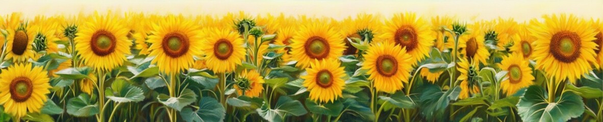 Obraz premium Vibrant Sunflower Field Panorama Impressionistic Painting of Blooming Sunflowers in Summer - High-Resolution Stock Photo