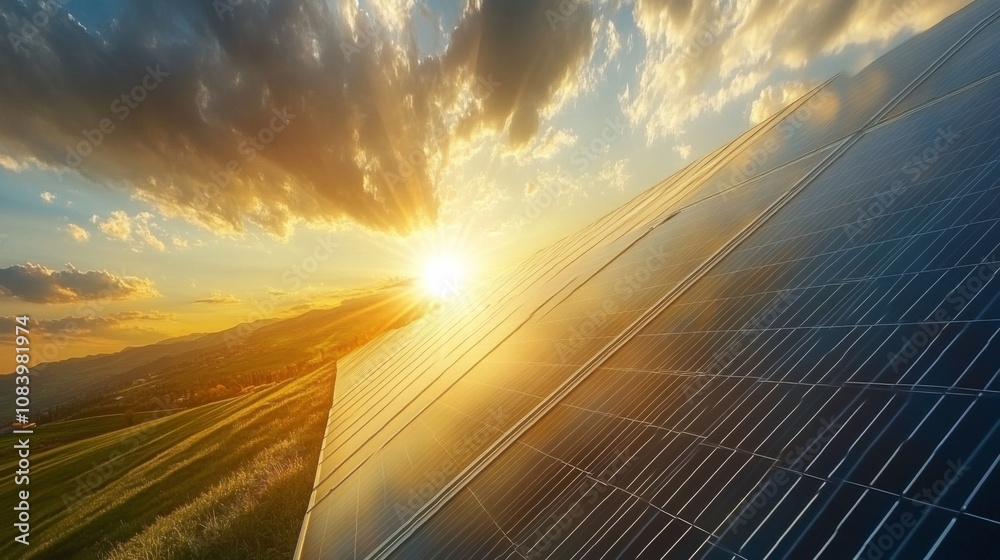 Poster captivating sunset over solar panels in a scenic landscape with sunlight filtering through clouds an