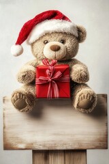 Fototapeta premium Adorable Teddy Bear in Santa Hat Holding Christmas Gift on Rustic Wooden Sign Perfect for Holiday Greetings and Winter Season Designs