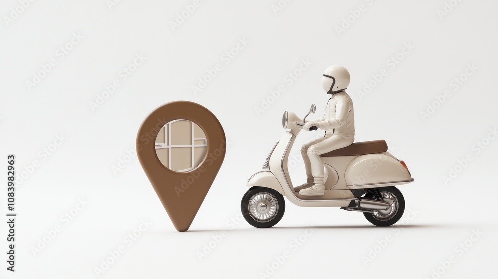 Poster a 3d illustration of a scooter rider next to a location pin symbolizing navigation.