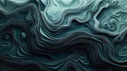 Fototapeta premium Abstract layered design with wavy patterns and intricate texture resembling topographic map in shades of teal. Organic flow creates a three-dimensional effect highlighting depth and curves.