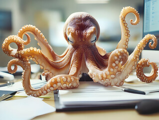 Fototapeta premium 3D Illustration Octopus Office Desk Work Tentacles Papers Computer