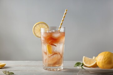 Fototapeta premium Refreshing iced tea, Lemon slice garnish, Tall glass, Straw, Ice cubes, Pink grapefruit wedge, Citrus fruits, White ceramic vase, Yellow flower, Soft lighting, Clean aesthetic, Minimalist composition,