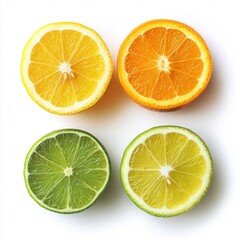 Obraz premium Vibrant Citrus Fruit Halves Lemon, Lime, Orange, and Lemon-Lime Slices on White Background - Perfect for Health, Food, and Drink Concepts