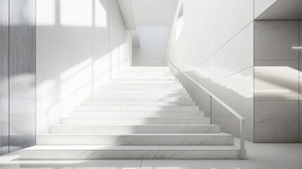 Fototapeta premium Bright and Modern Interior Hallway Featuring Elegant White Stairs with Natural Light Illuminating the Space for a Contemporary Architectural Design