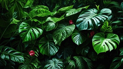 Obraz premium Tropical foliage, vibrant green monstera leaves, deep jungle atmosphere, red exotic flower, lush botanical garden, high contrast, dark background, philodendron, rainforest detail, macro photography, v