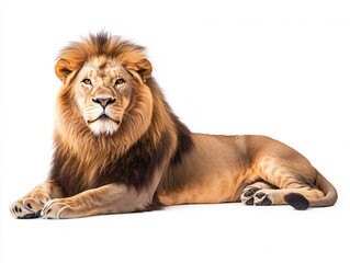 Obraz premium Majestic Male African Lion Lying Down, Isolated on White Background - Powerful Wildlife Photography