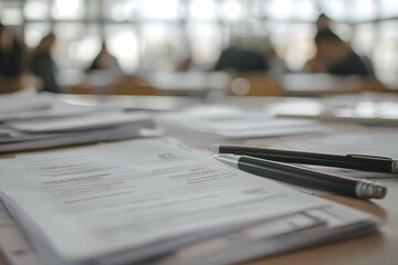 Obraz premium A group of students collaborates around a table, surrounded by papers and pens