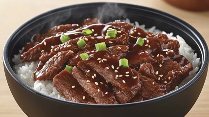 Fototapeta premium Delicious Bowl of Tender Beef Strips with Savory Sauce on a Bed of Steamed Rice Garnished with Chopped Green Onions and Sesame Seeds