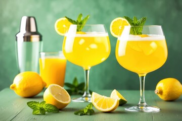 Fototapeta premium Bright yellow cocktails, Large wine glasses, Fresh lemons, Mint leaves, Citrus garnish, Silver cocktail shaker, Vibrant green background, Refreshing summer drinks, High-contrast beverage photography, 