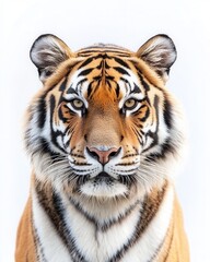 Obraz premium Majestic Tiger Portrait Close-Up of a Powerful Siberian Tiger's Face Against a White Background